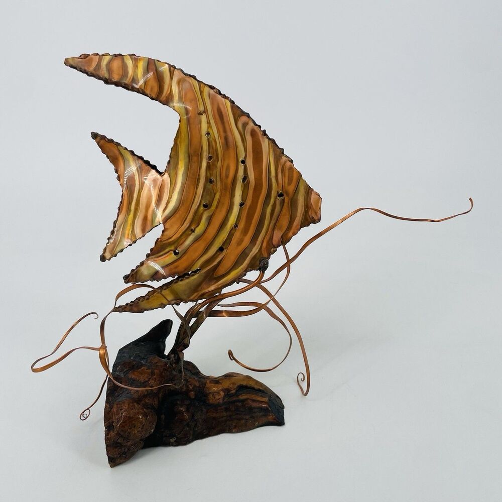 Vintage Copper Angelfish Sculpture Burl Wood Base Brutalist MCM Coastal Art 10"